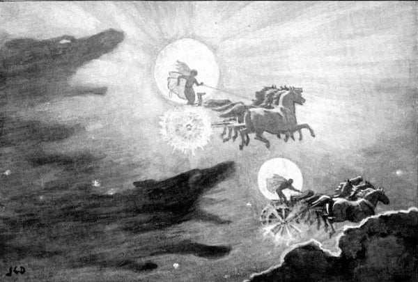 What is the role of Skoll and Hati in Norse mythology?