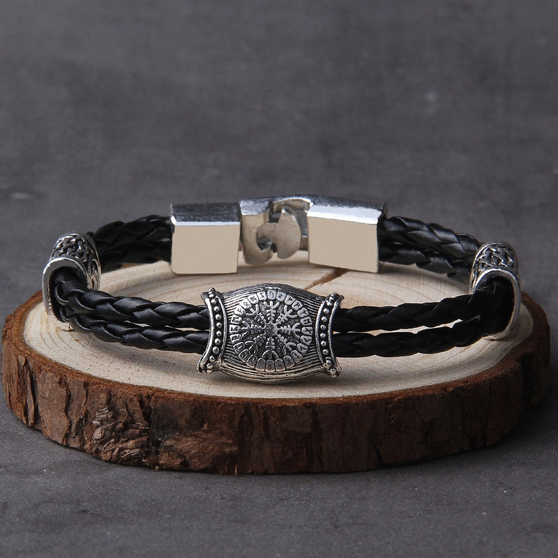Helm of Awe Viking Bracelet - Viking Jewelry - Norse Leather Bracelet - Stainless Steel 