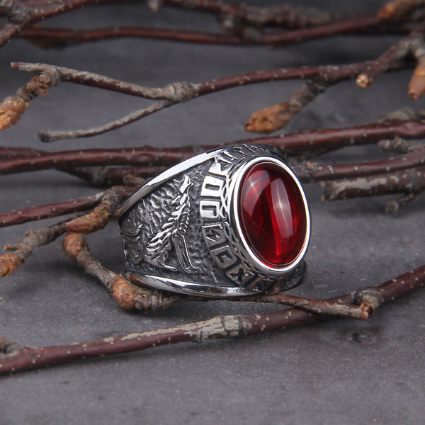 Red Stone Viking Ring with Runes Wolf and Crow - Stainless Steel - Mens Viking Rings - Viking Wedding Rings - Viking Ring