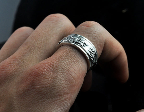 Carved Dragon Sterling Silver Viking Wedding Rings - Mens Viking Rings - Viking Wedding Bands - Viking Ring