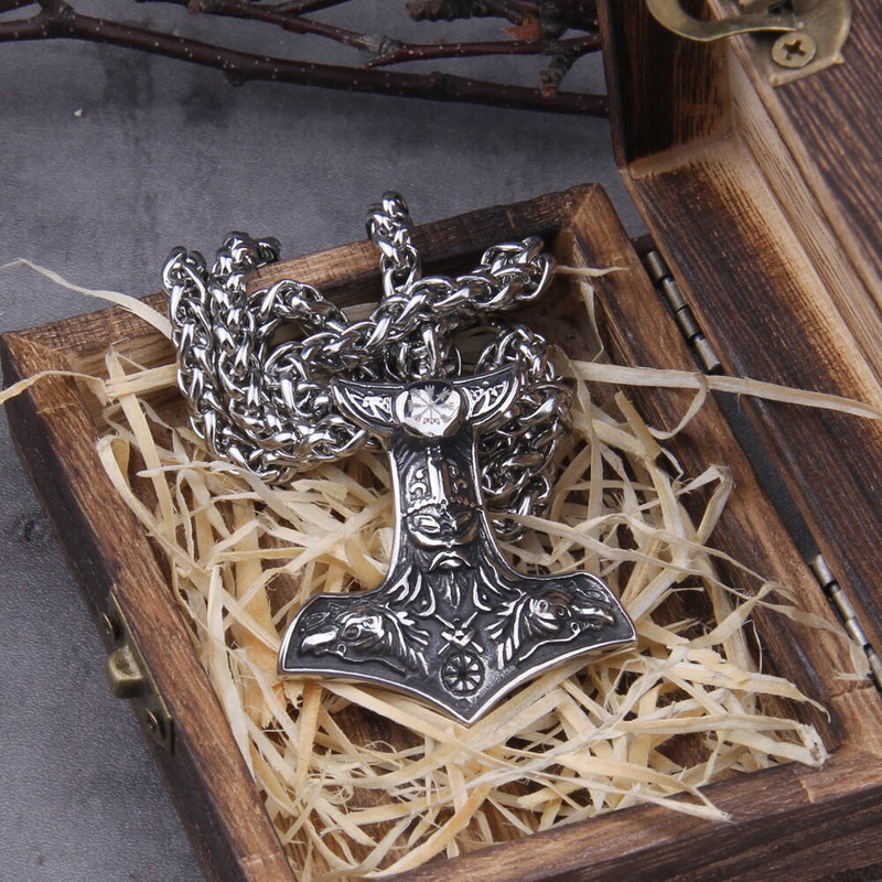 Hammer of Thor With Raven Viking Necklace - Mjolnir With Odin - Viking Jewelry - Stainless Steel