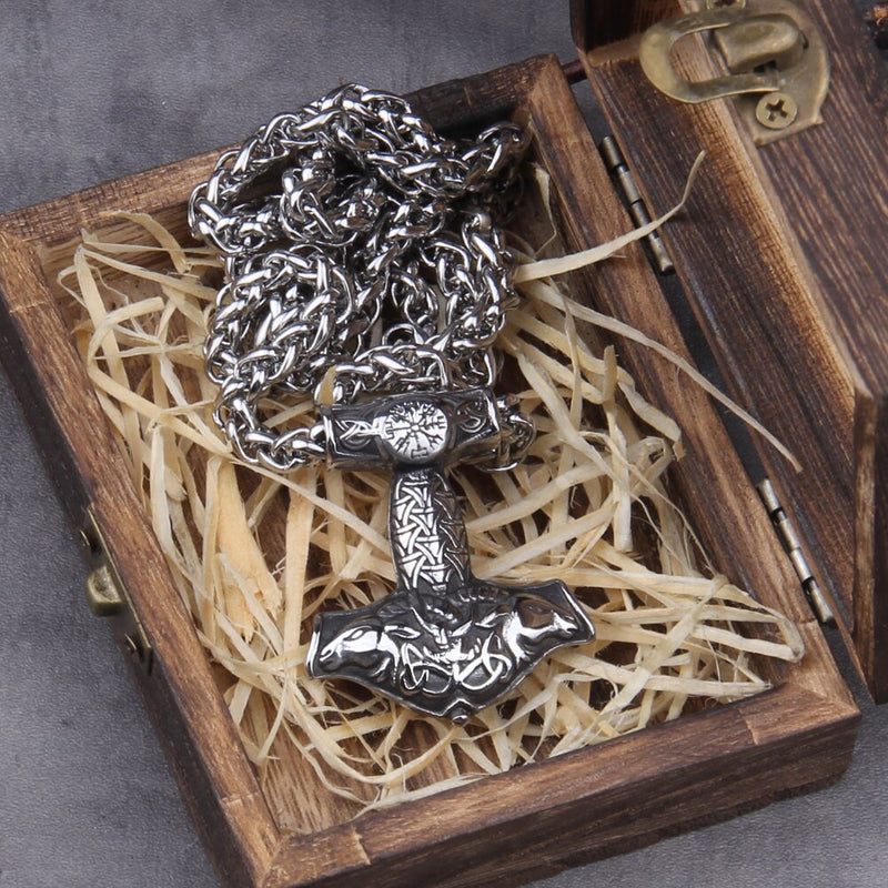 Hammer of Thor Vegvísir Viking Necklace - Mjolnir - Viking Jewelry - Stainless Steel