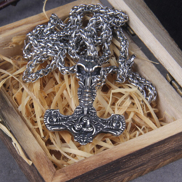 Hammer of Thor Skull Viking Necklace - Helm Of Awe Mjolnir - Viking Jewelry
