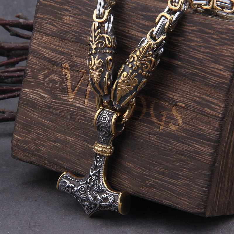 Hammer of Thor Dragon Viking Necklace - Mjolnir - Viking Jewelry - Stainless Steel