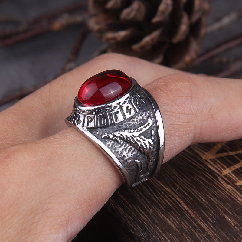 Red Stone Viking Ring with Runes Wolf and Crow - Stainless Steel - Mens Viking Rings - Viking Wedding Rings - Viking Ring