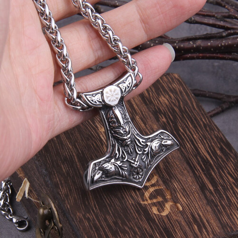Hammer of Thor With Raven Viking Necklace - Mjolnir With Odin - Viking Jewelry - Stainless Steel