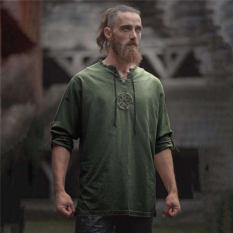Medieval Viking Pirate Linen Top Shirt Costume Mens Nordic Warriors Retro T-shirt Beard Cosplay Tee Embroidery For Adult 4XL 5XL