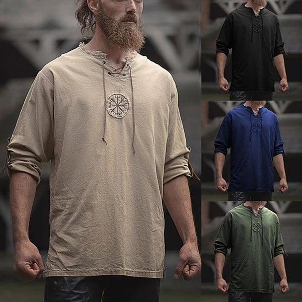Medieval Viking Pirate Linen Top Shirt Costume Mens Nordic Warriors Retro T-shirt Beard Cosplay Tee Embroidery For Adult 4XL 5XL