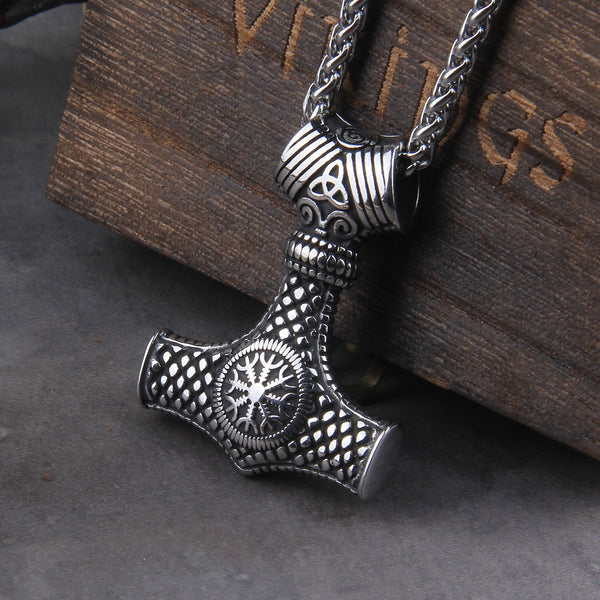 Hammer of Thor Vegvisir Viking Necklace - Runic Mjolnir Viking Necklace - Viking Jewelry - Stainless Steel