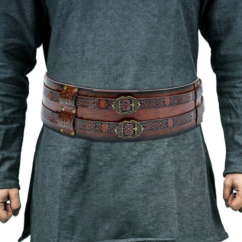 Runic Leather Belt Double Wide Thick Belt Vikings PIrate Medieval War Accessory Broad Buckle Corset Cinch Gladiator Men Women