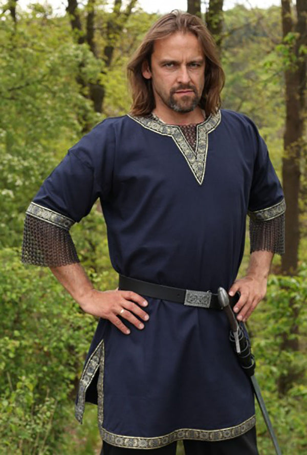 Viking Tunic - Blue Knee Length, Short Sleeves With Embroidered Border