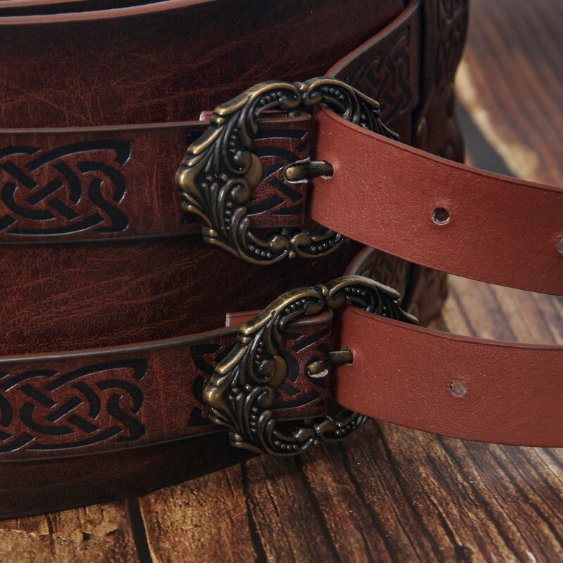 Runic Leather Belt Double Wide Thick Belt Vikings PIrate Medieval War Accessory Broad Buckle Corset Cinch Gladiator Men Women